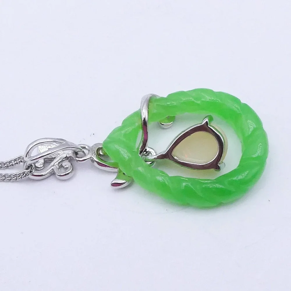 Djoy Sterling Silver Opal Carved Jade Platinum Plated Leaf Pendant Necklace 20in